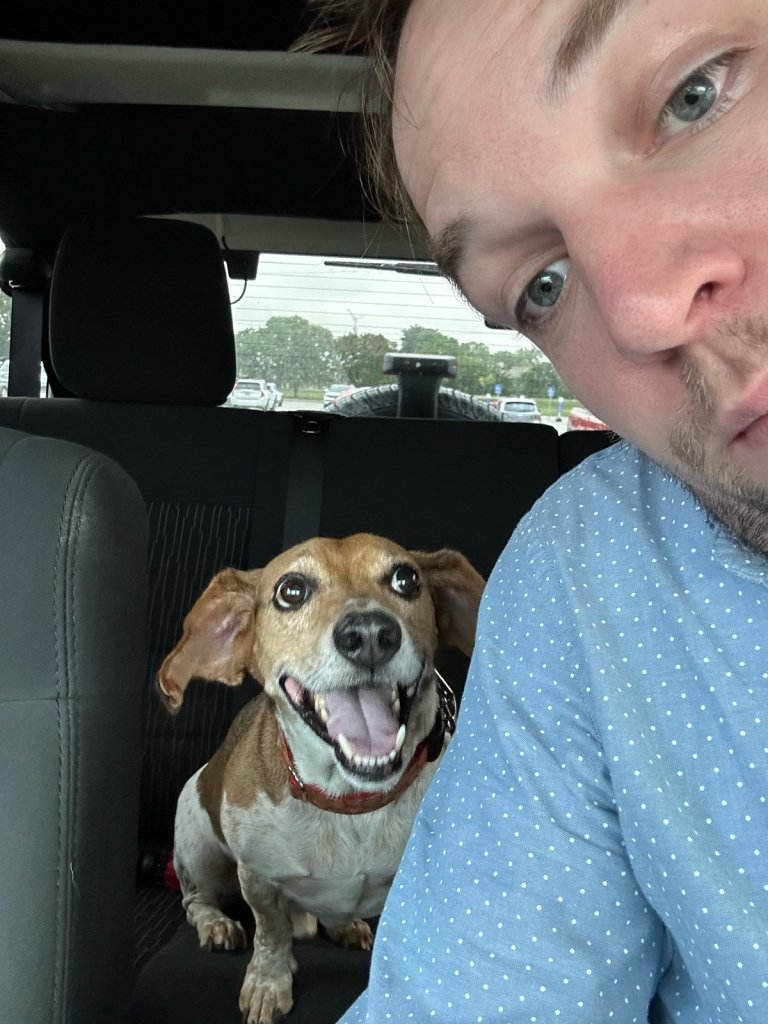 Banner, a beagle-dachshund mix, grinning from the back seat of the Jeep next to his human.